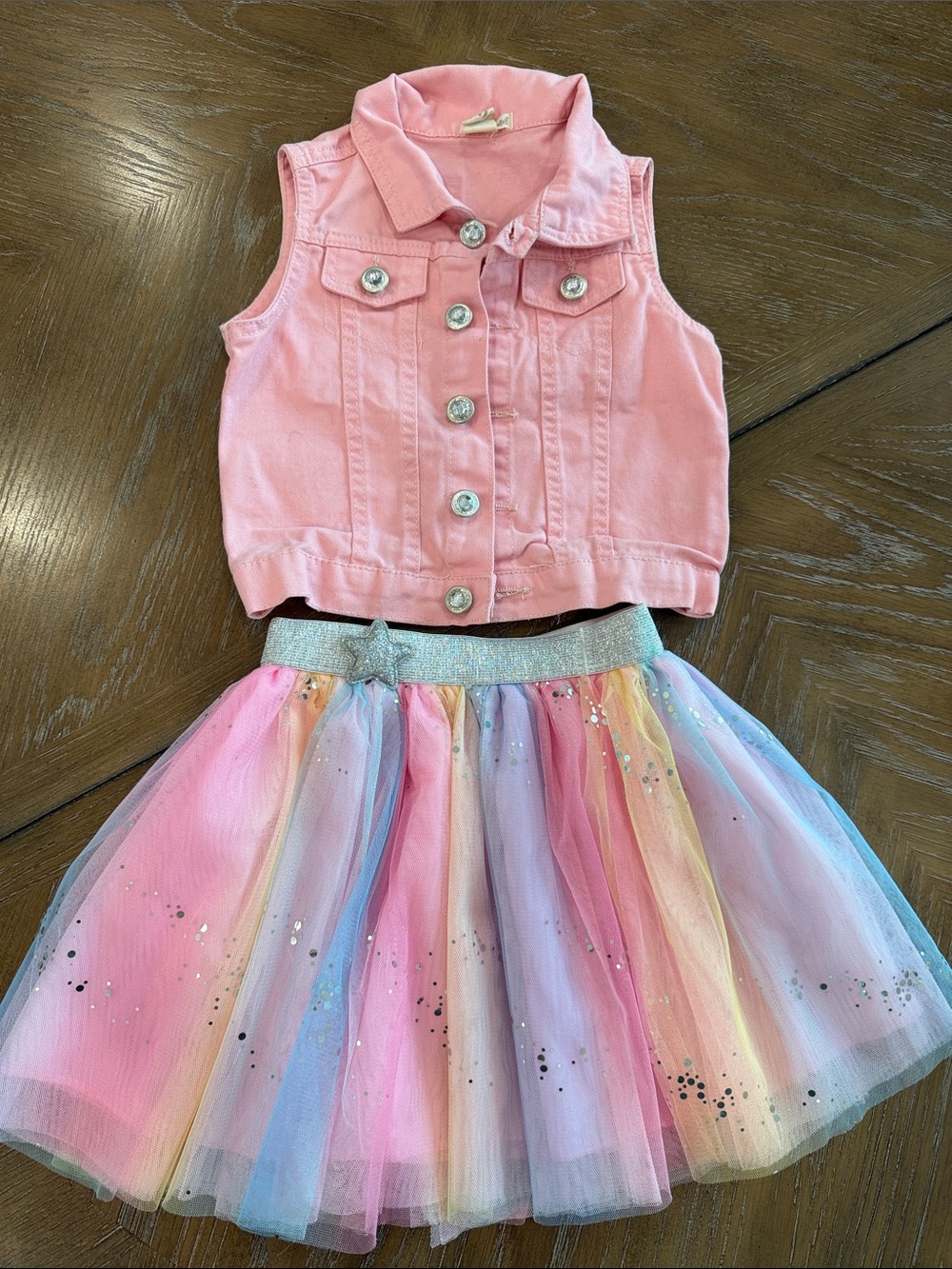 Girls' Pink Denim Vest with Rainbow Tulle Skirt Set